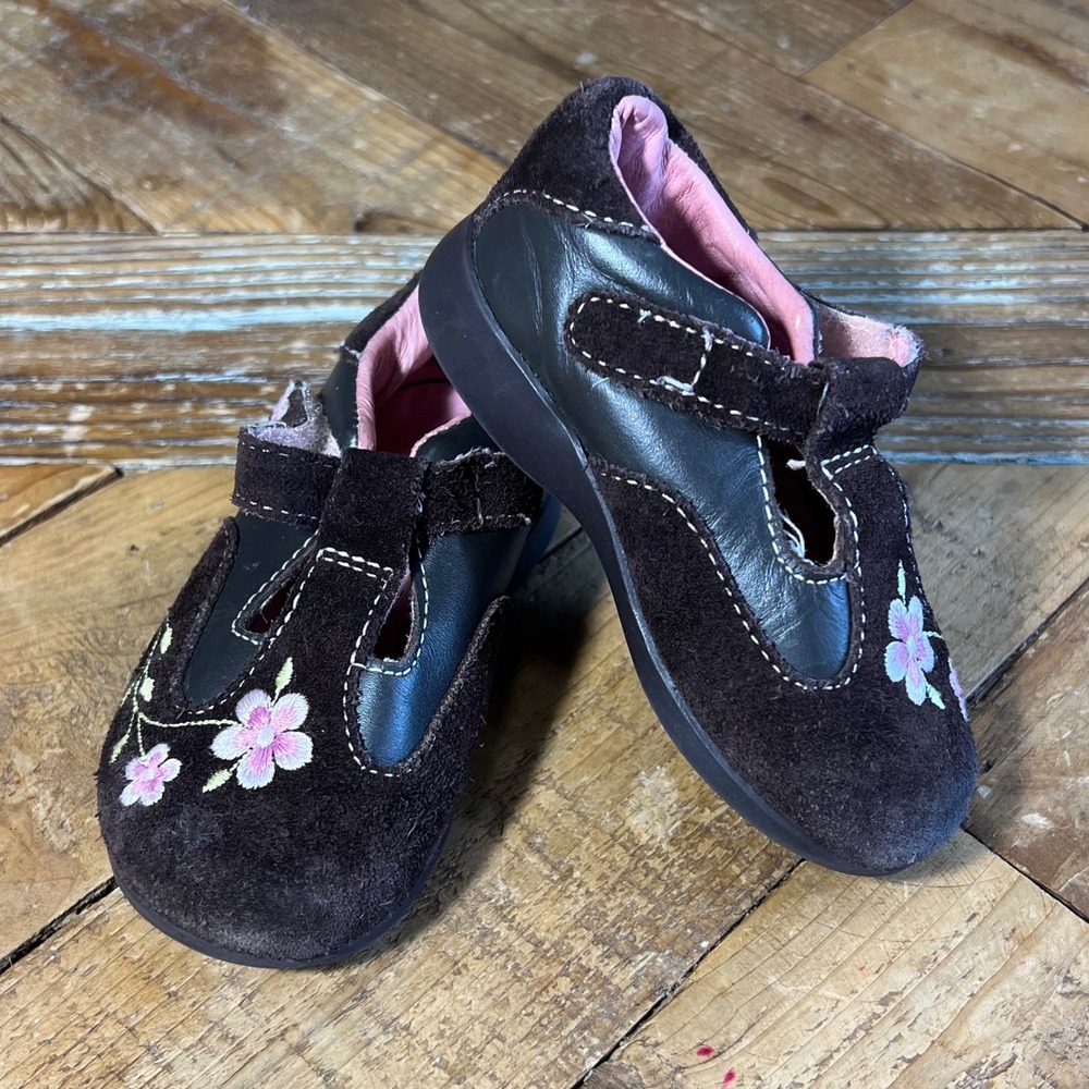 Pediped‎ Brown Leather Suede Floral Embroidered Toddler Shoes Size US 5 EU 21